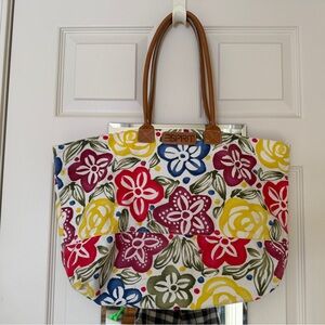 Vintage Esprit canvas Vibrant Floral Tote Bag with leather handles and zipper